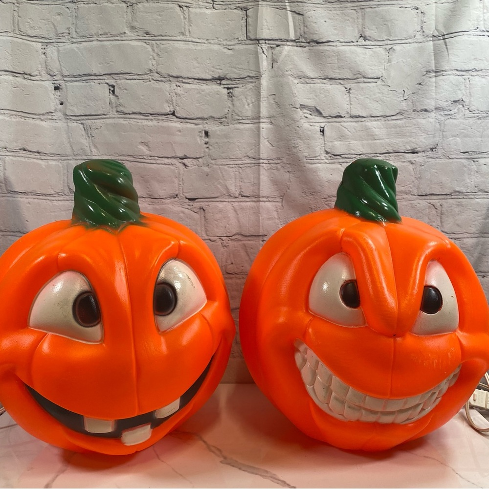 SET OF 2 LightUp Blow Mold Double Faced 13" Jack O Lantern Pumpkin Halloween